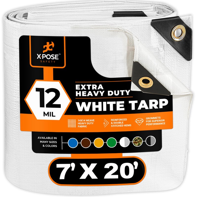xpose safety Heavy Duty White Poly Tarp 7' X 20' - Multipurpose Protective Cover - Durable, Waterproof, Weather Proof, Rip and Tear Resistant - Extra Thick 12 Mil Polyethylene - by Xpose Safety - Image 1